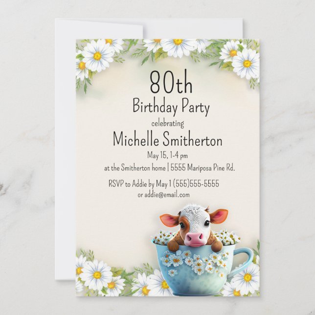 Invitation Cow Daisy Covered Tea Cup 80e Anniversaire (Devant)