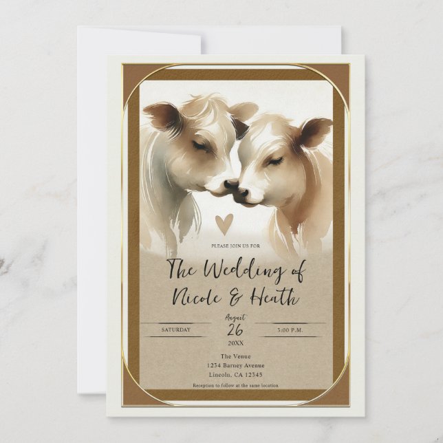 Invitation Cow Love Brown Cream Mariage campagnard (Devant)