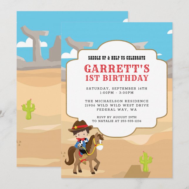 Invitation Cowboy 1ère fête d'anniversaire (Devant / Derrière)