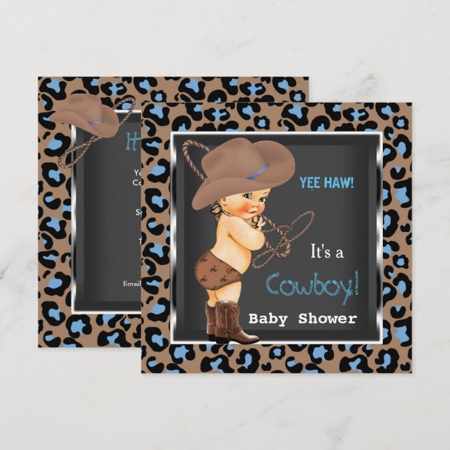 Invitation Cowboy Baby shower garçon bleu Brown (Devant / Derrière)