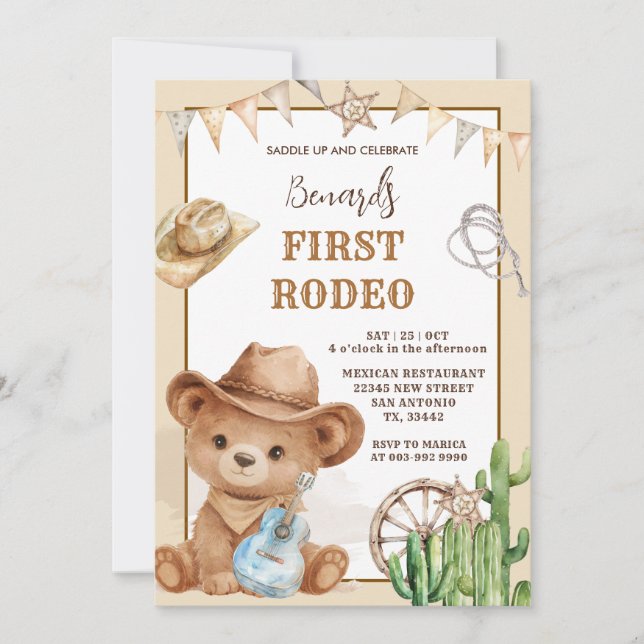 Invitation Cowboy Bear Western First Rodeo Birthday (Devant)
