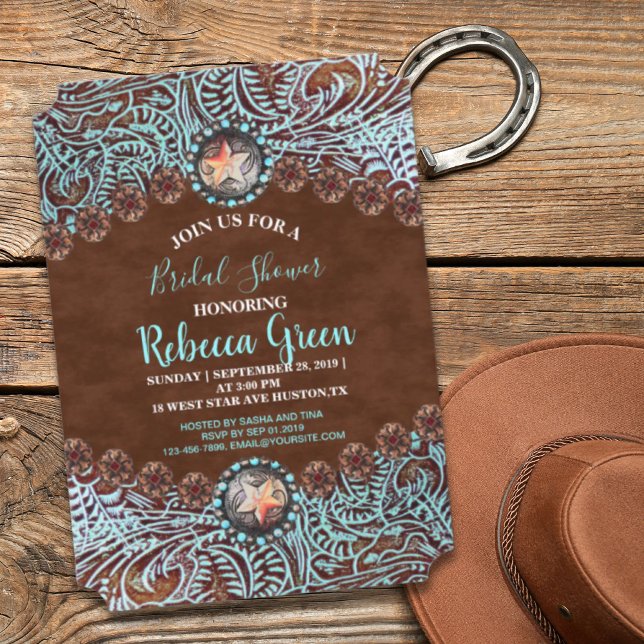 Invitation cowboy brun bleu turquoise douche nuptiale occiden (turquoise brown cowboy western bridal shower invitation)