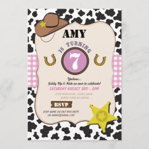 Invitation Cowboy Cowgirl Anniversaire Fête Vache fille rose 