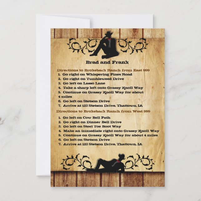 Invitation Cowboy Grooms Gay Mariage Directions de conduite C (Devant)