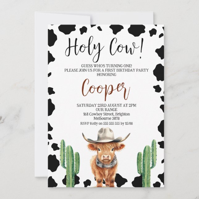 Invitation Cowboy Highland Cow Saint-vache 1er anniversaire (Devant)