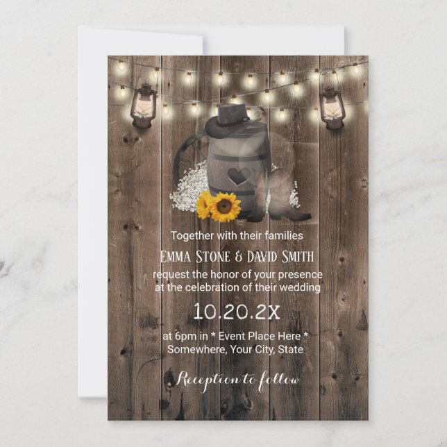 Invitation Cowboy Mariage Tournesol Lanterne Russe Barne Bois (Devant)