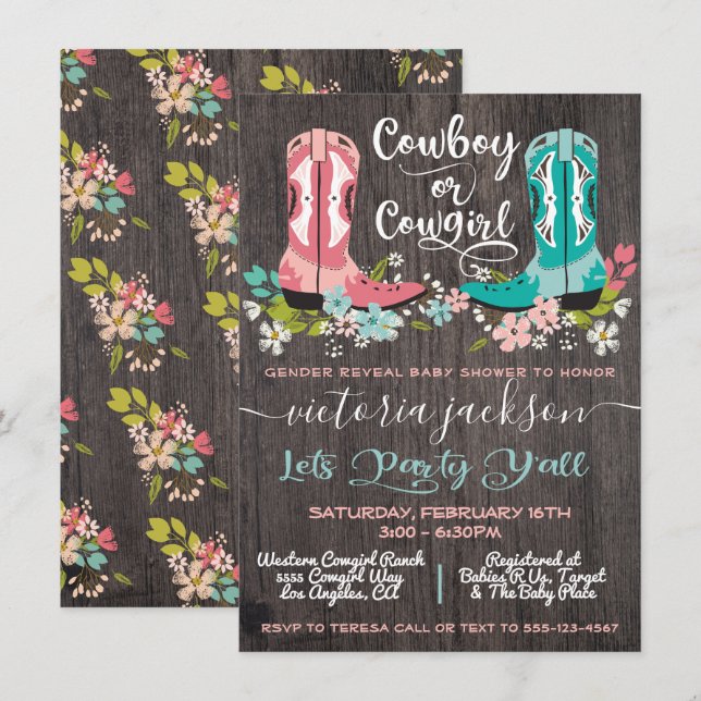 Invitation Cowboy ou Cowgirl Baby shower Sexe Révélation (Devant / Derrière)