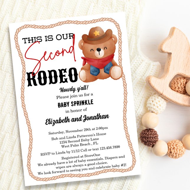 Invitation Cowboy Teddy Bear Rodéo Rouge Second Baby Sprinky (Créateur téléchargé)