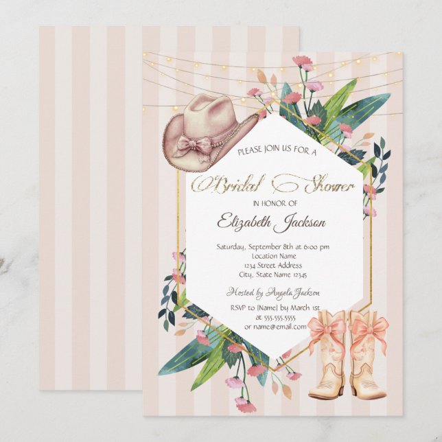 Invitation Cowboy Western Floral Frame Striped Bridal Shower  (Devant / Derrière)