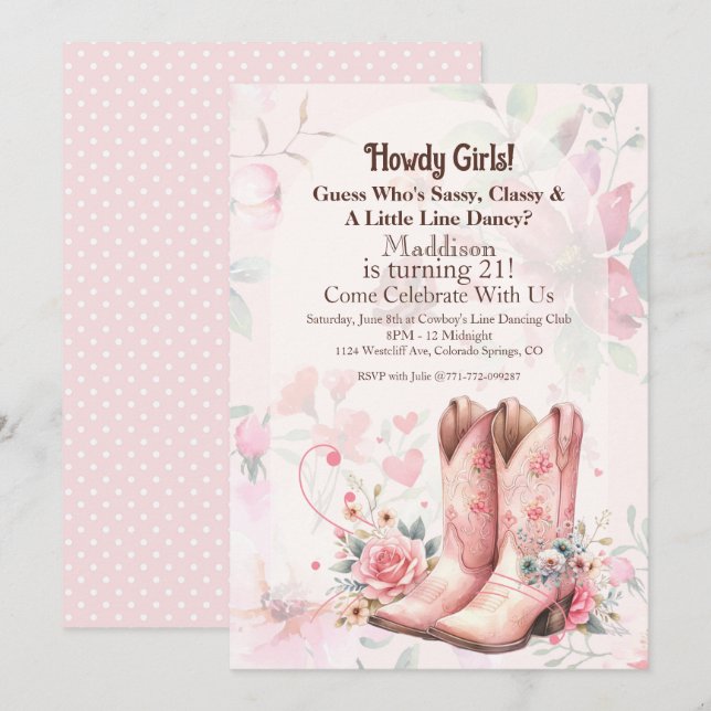 Invitation Cowgirl Anniversaire Danse (Devant / Derrière)