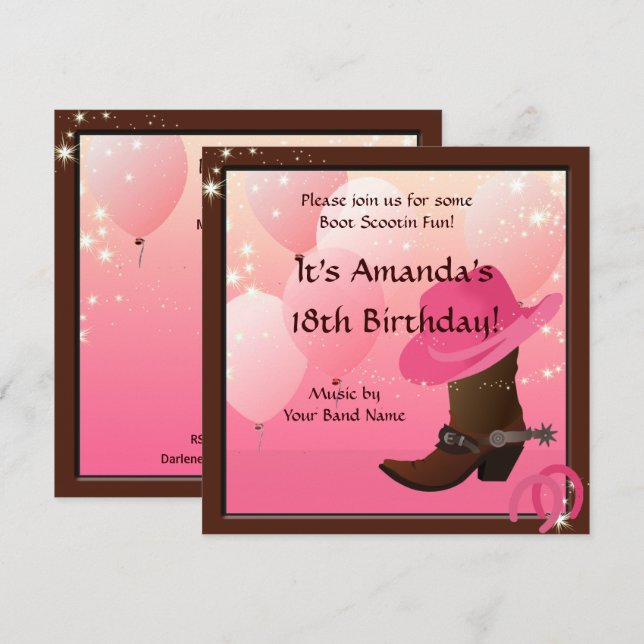 Invitation Cowgirl Anniversaire de la fête Boot Scottin Custo (Devant / Derrière)