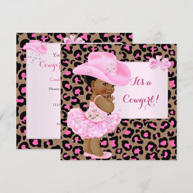 Invitation Cowgirl Baby shower rose Leopard Girl Ethnic (Devant / Derrière)
