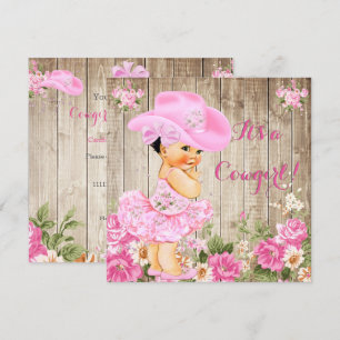 Invitation Cowgirl Baby shower rose Rustique Bois fille Brune