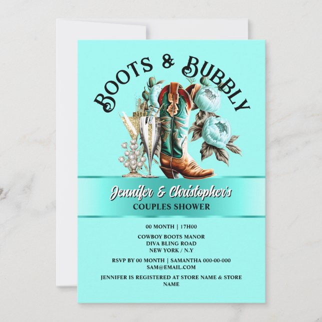Invitation Cowgirl bottes poony aqua turquoise bulle fleurie  (Devant)