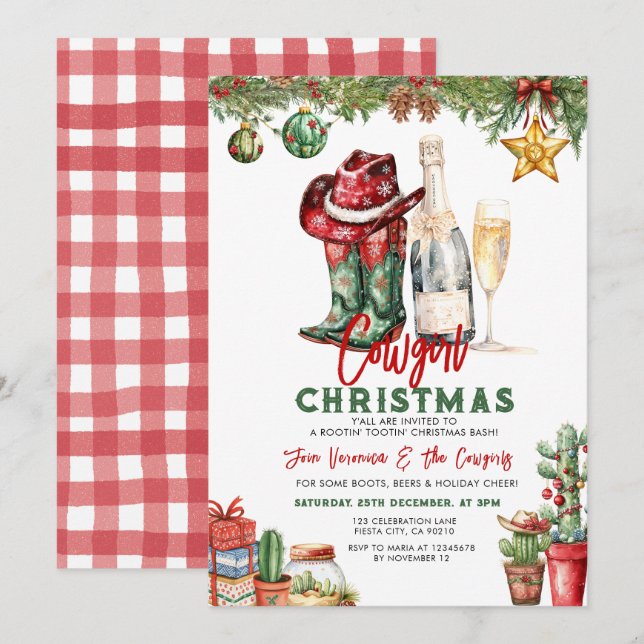 Invitation Cowgirl Christmas Party Western Holiday Boots (Devant / Derrière)