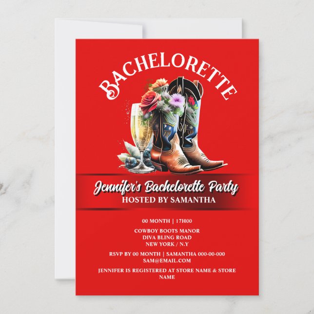 Invitation Cowgirl country fleur sauvage rouge bottes blanche (Devant)
