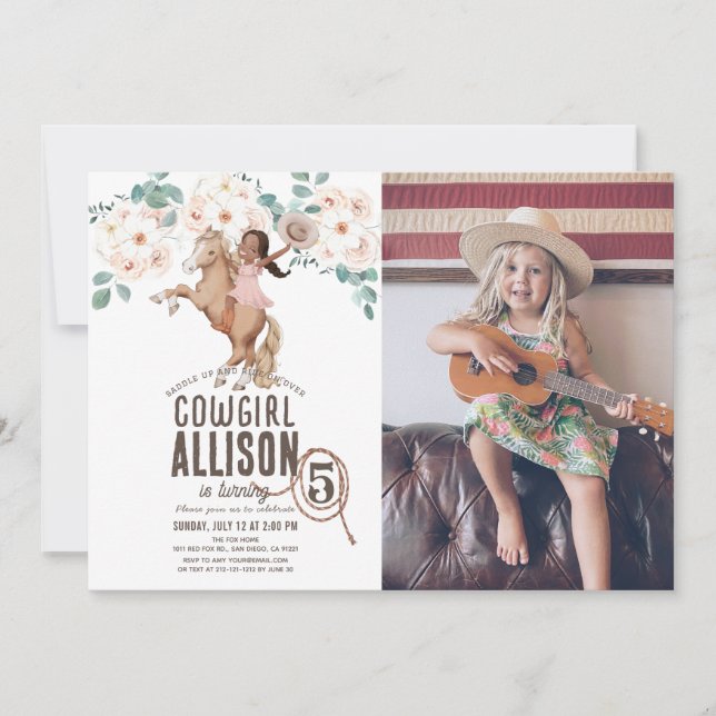 Invitation Cowgirl Floral Rodeo Pony Ride Photo Anniversaire (Devant)