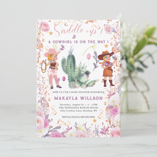 Invitation Cowgirl occidentale Floral Aquarelle bébé fille do (Debout devant)
