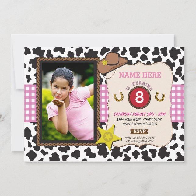 Invitation Cowgirl Photo Anniversaire Fête Vache Fille Invita (Devant)