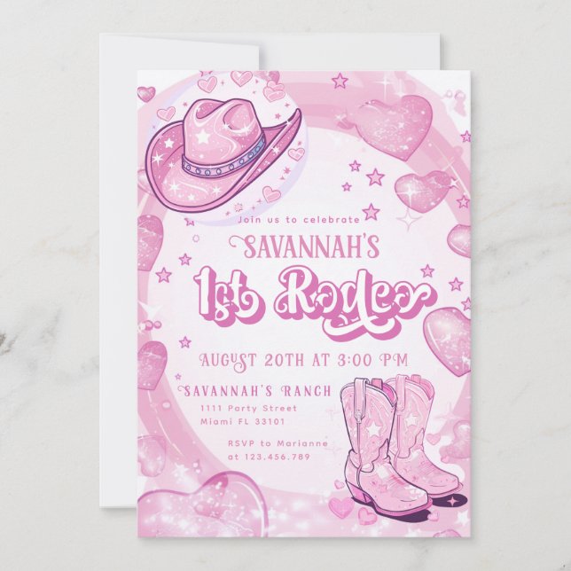 Invitation Cowgirl Pink 1er Rodéo Premier anniversaire (Devant)