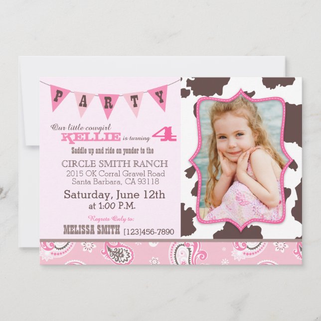Invitation Cowgirl Pink Bandanna thème occidental Anniversair (Devant)