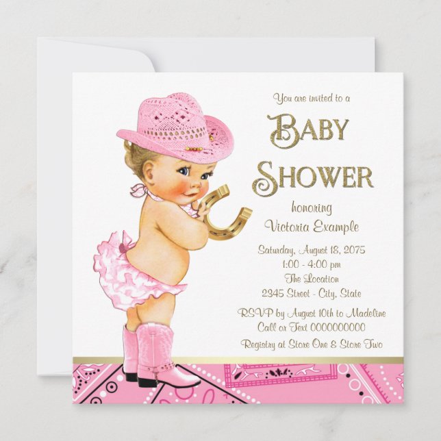 Invitation Cowgirl Pink Gold Horseshoe Baby shower Cowgirl (Devant)