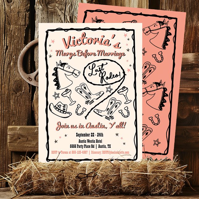 Invitation Cowgirl Rodéo Dernière main dessinée Funky Bachelo (Créateur téléchargé)