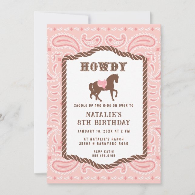 Invitation Cowgirl rose | Silhouette du cheval | Anniversaire (Devant)