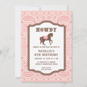 Invitation Cowgirl rose   Silhouette du cheval   Anniversaire