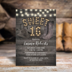 Invitation Cowgirl Rustic Grange Bois Western Sweet 16