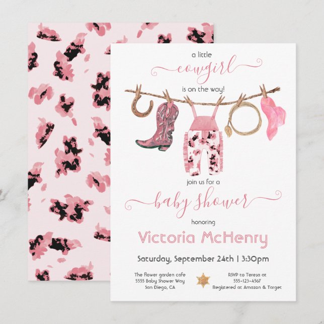 Invitation Cowgirl Western Baby Girl Clothesline Baby shower (Devant / Derrière)