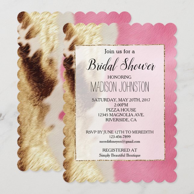 Invitation Cowgirl Western Pink Cream Gold Cowhide (Devant / Derrière)