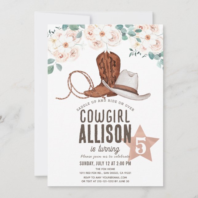 Invitation Cowgirl Western Wild West Floral Anniversaire (Devant)