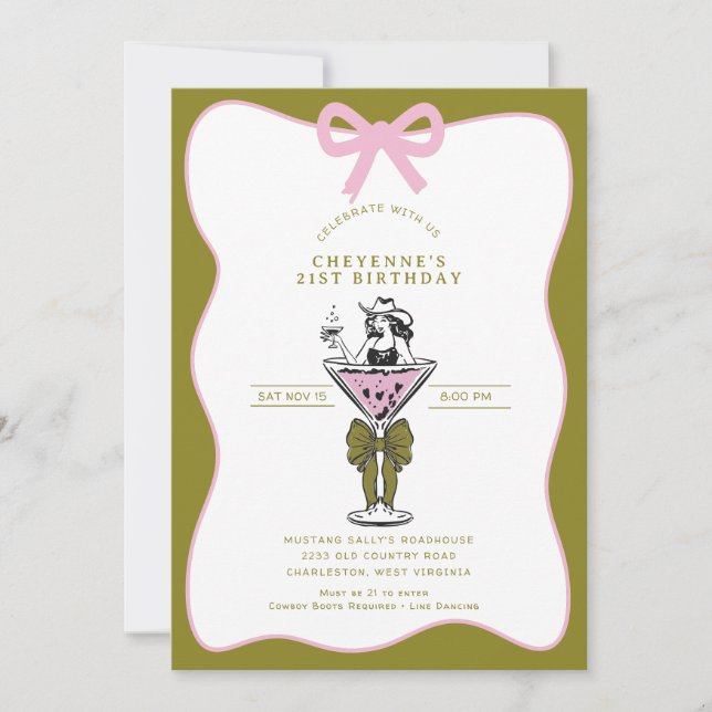 Invitation Cowgirl Whimsical Main dessinée 21ème anniversaire (Devant)