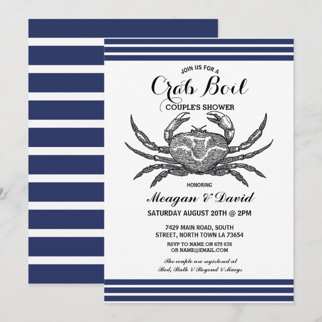 Invitation Crab Boy Engagement Party Check Blue Beach (Devant / Derrière)
