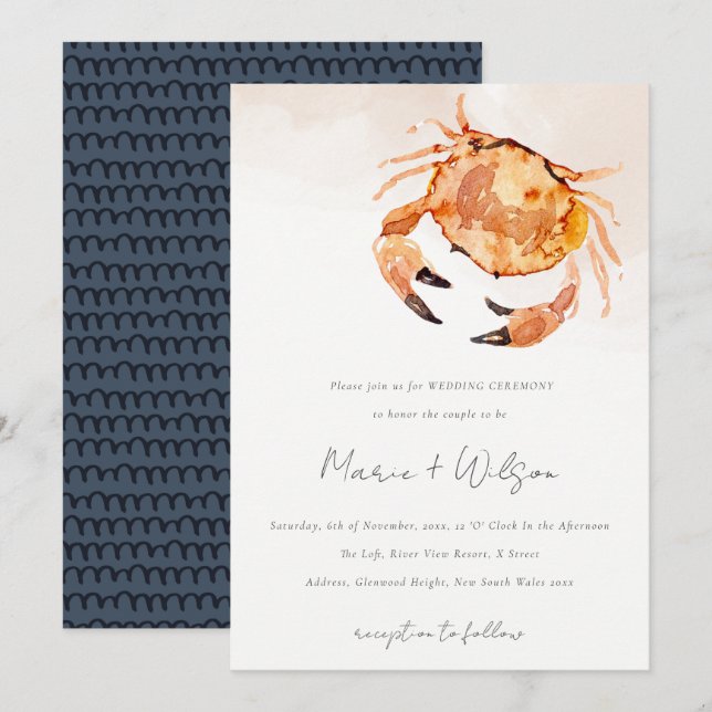 Invitation Crabe côtière de sable orange rouille Mariage naut (Devant / Derrière)