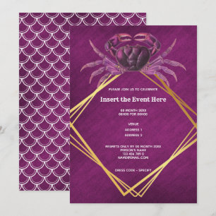 Invitation Crabe magenta blanc géométrique paillettes dorées