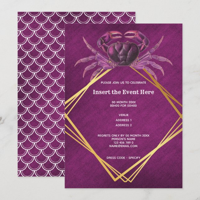 Invitation Crabe magenta blanc géométrique paillettes dorées  (Devant / Derrière)