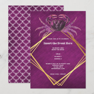 Invitation Crabe magenta blanc parties scintillant d'or géomé