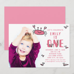 Invitation Crabe rose Sea Animals Girl Photo 1er anniversaire