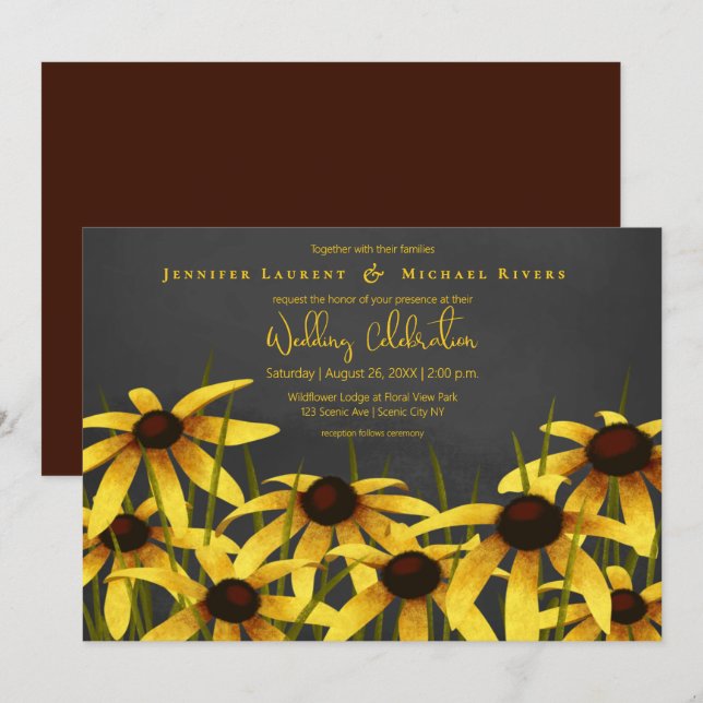 Invitation craie art Black Eyed Susans herbe pré mariage (Devant / Derrière)