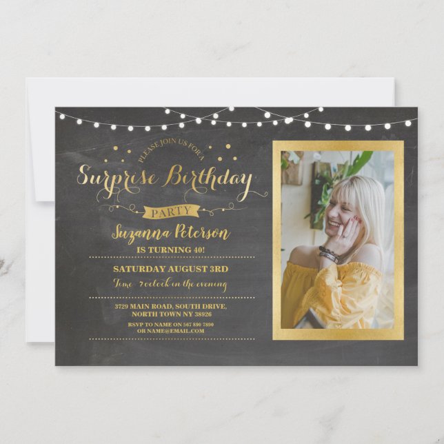 Invitation Craie de fête d'anniversaire de surprise tout or (Devant)