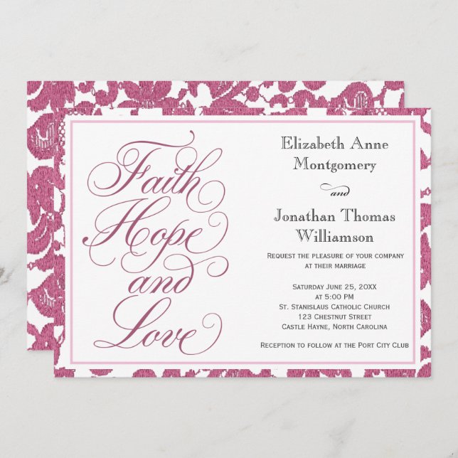 Invitation Cranberry Lace Script Faith Hope & Love Mariage (Devant / Derrière)