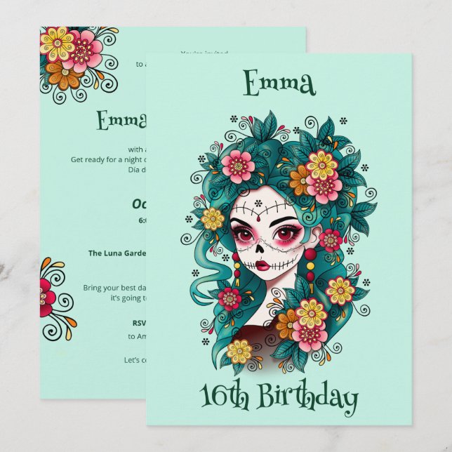 Invitation Crâne à sucre Dia de los Muertos Sweet 16 Annivers (Devant / Derrière)