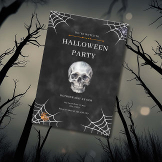 Invitation Crâne aquarelle et toile d'araignée Halloween