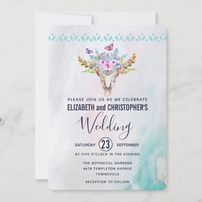 Invitation Crâne Boho avec Mariage floral Bouquet (Devant)