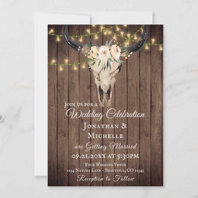 Invitation Crâne boho rustique et lumières sur Mariage bois (Devant)