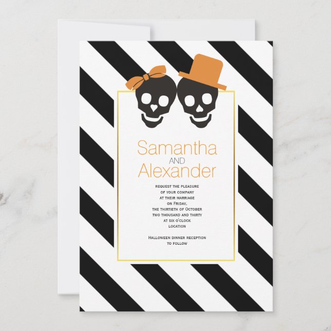 Invitation Crâne couple noir blanc rayures tendance Halloween (Devant)