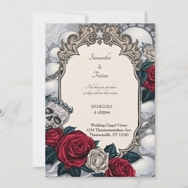 Invitation Crâne couronné et Rose cadre Mariage gothique  (Devant)
