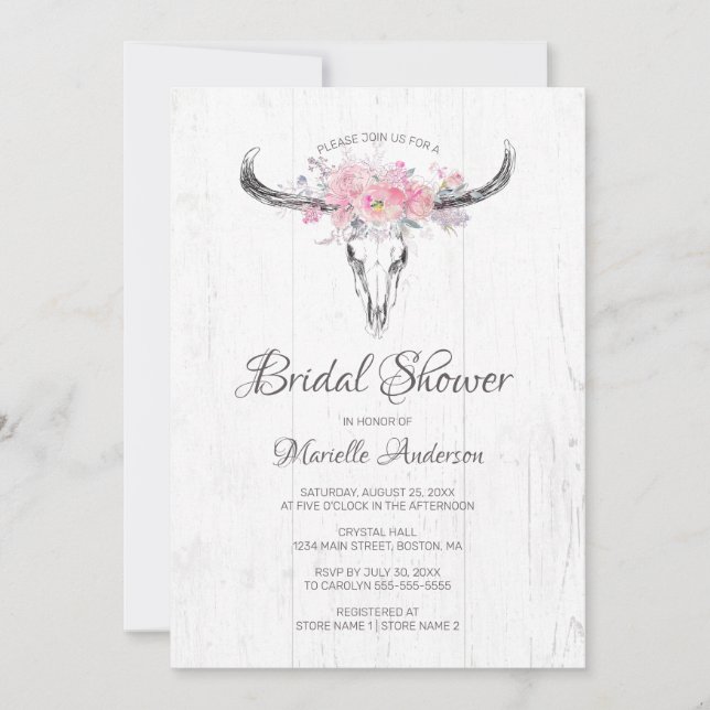 Invitation Crâne de vache rustique Boho Blush Fête des mariée (Devant)